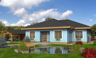 Projet de maison de type bungalow avec toit à pans et terrasse couverte.
